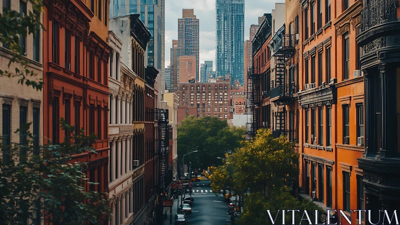 Historic city street canyon with modern skyline contrast.