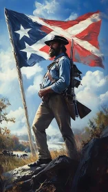 Storm-brushed rebel sentinel pauses beneath a battle flag