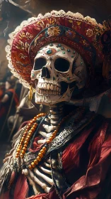 Jewel crowned skeleton matriarch in radiant festival robes.