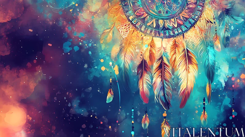 Digital illustration depicts stylized dreamcatcher with feathers