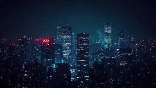 Dense highrise city skyline at night under blue lighting.