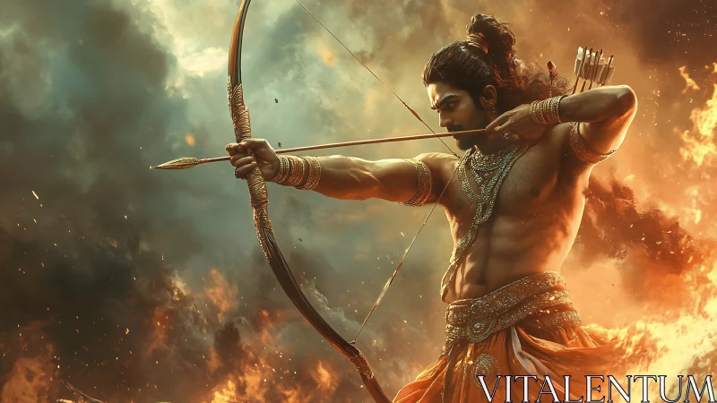 Mythic archer with bow drawn amid smoke and fire clouds.