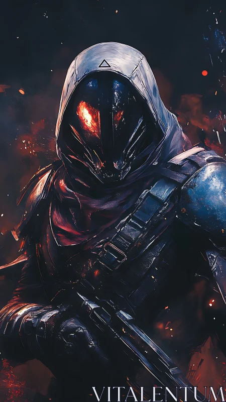 Armored hooded sci fi warrior with glowing red visor.