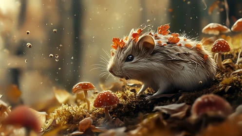 Autumn forest mouse amid glowing fungi and drifting spores.