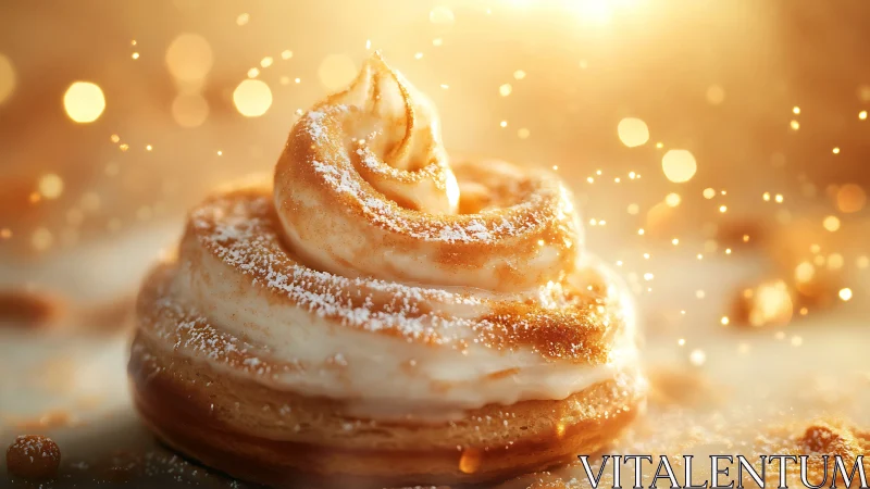 Frosted pastry dessert sits in warm golden bokeh light