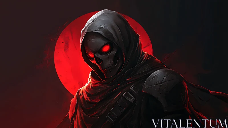 Hooded skeletal reaper before a blazing red eclipse.