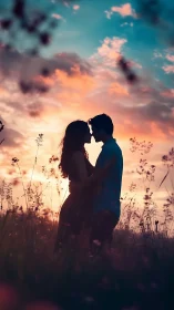 Romantic couple silhouette kissing in wildflower field at sunset.
