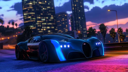 Futuristic hypercar on neon lit city street at dusk.