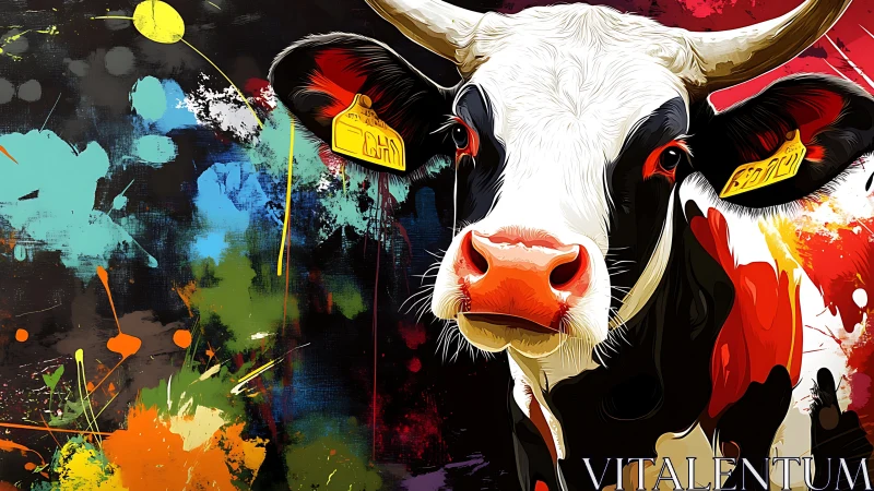 Graphic Holstein portrait against explosive chromatic splatter field