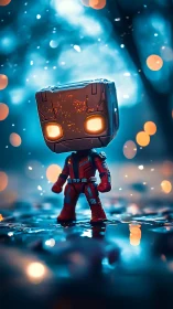 Toy robot hero stands in neon bokeh rain with glowing eyes.