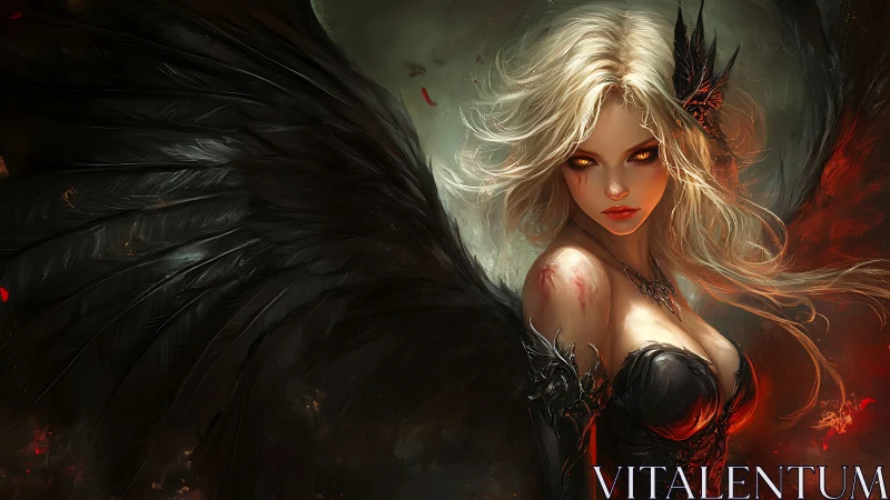 Winged female figure with dark feathers and glowing eyes.