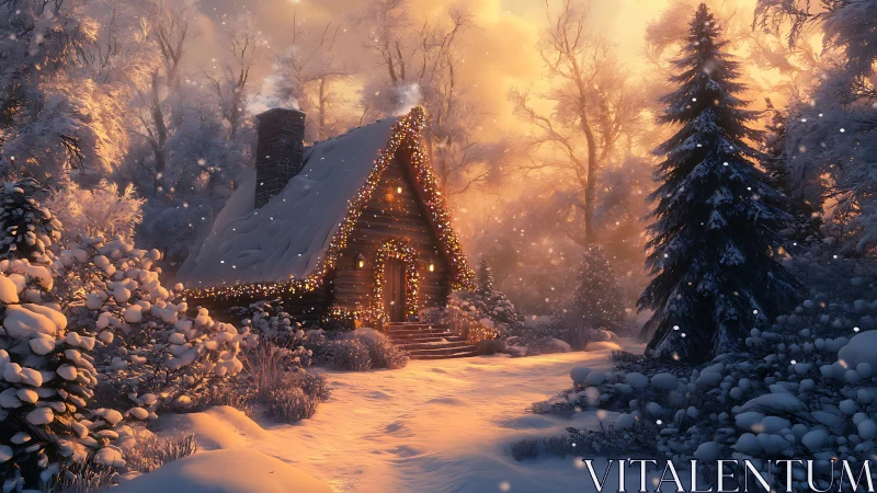 Snow-kissed cabin glows under ember-tinted winter sky.