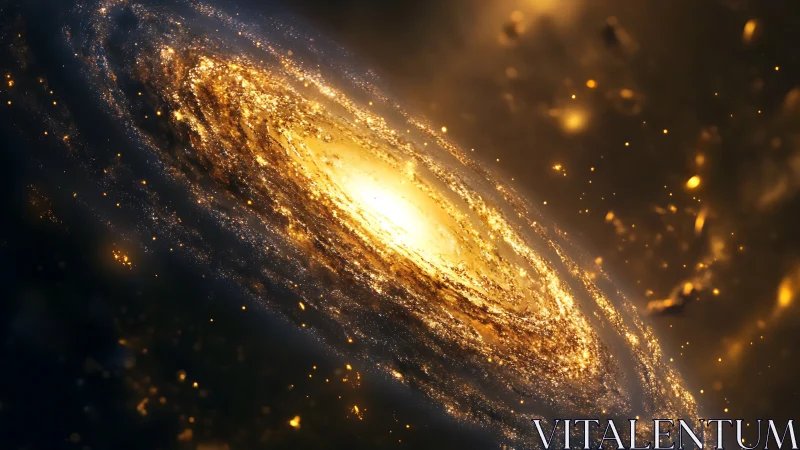 Golden spiral galaxy with bright glowing stellar core.