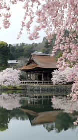 Traditional Japanese pavilion framed by cherry blossoms