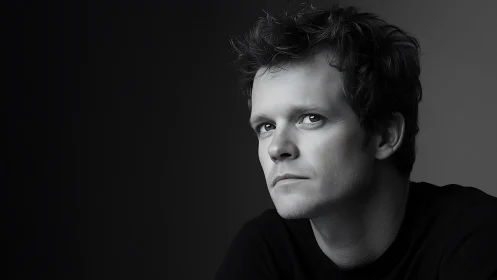 Monochrome portrait of pensive man against dark background.
