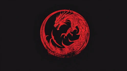 Red circular dragon emblem on black textured background.