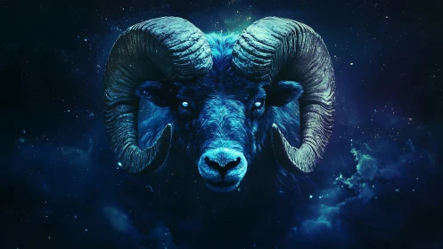 Cosmic ram portrait rendered in luminous blue digital painting