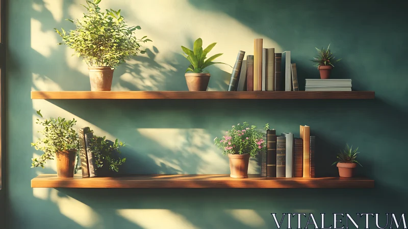Sunlit wooden wall shelves balance books and potted plants