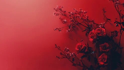 Red Roses Against Crimson Gradient. Atmospheric botanical study.