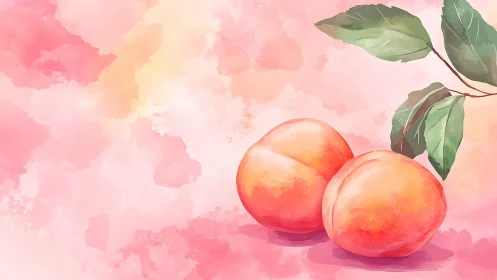 Juicy peaches glow against a dreamy pink watercolor sky.