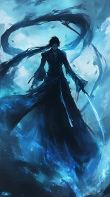 Stormlit blade wraith rising from a vortex of electric blue.