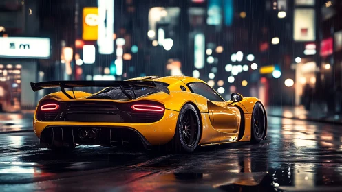 Neon rain crowns a yellow supercar idling in slick city light