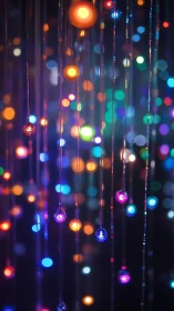 Hanging bokeh lights with glowing orbs in dark space.