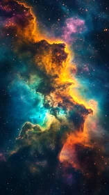 Radiant cosmic nebula glows in vivid teal, gold and violet