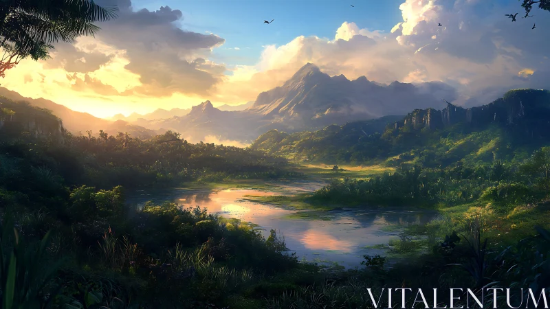 Sunlit mountain valley over luminous reflective river basin.