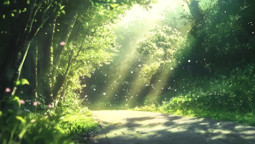 Sunlit forest path with dust and petals drifting in air