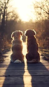 Backlit retrievers sit on a boardwalk at warm sunset