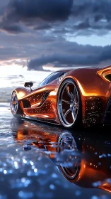 Low angle view of sleek orange sports car on wet surface.
