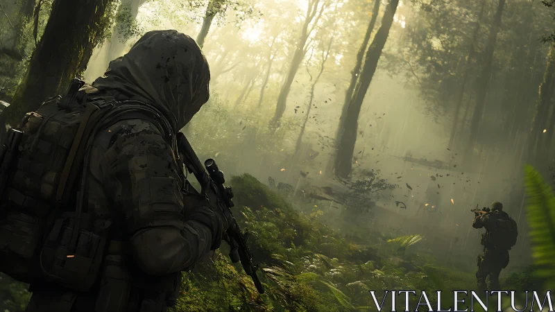 Tactical operators advancing through misty rain-soaked forest
