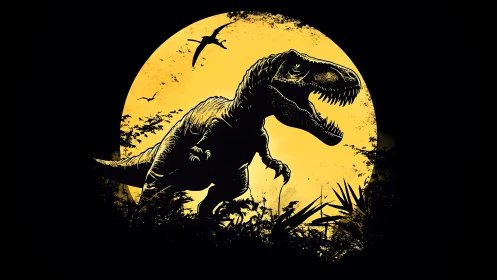 Silhouetted Tyrannosaurus rex under backlit moon disk