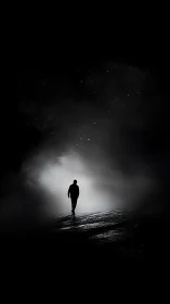 Silhouette of lone figure walking on wet road in fog at night.