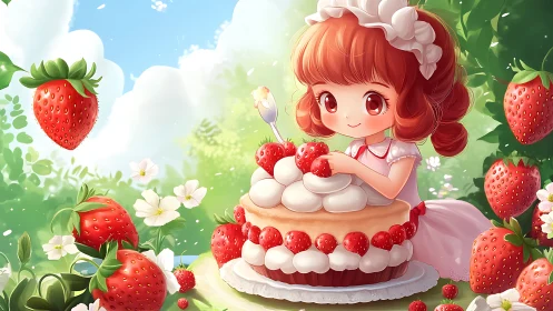 Character holding strawberry cake in garden setting