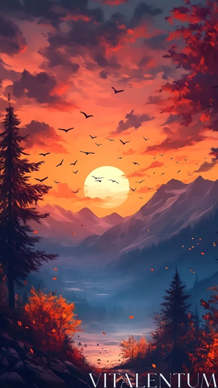 Warm autumn valley glowing under a gentle mountain sunset.