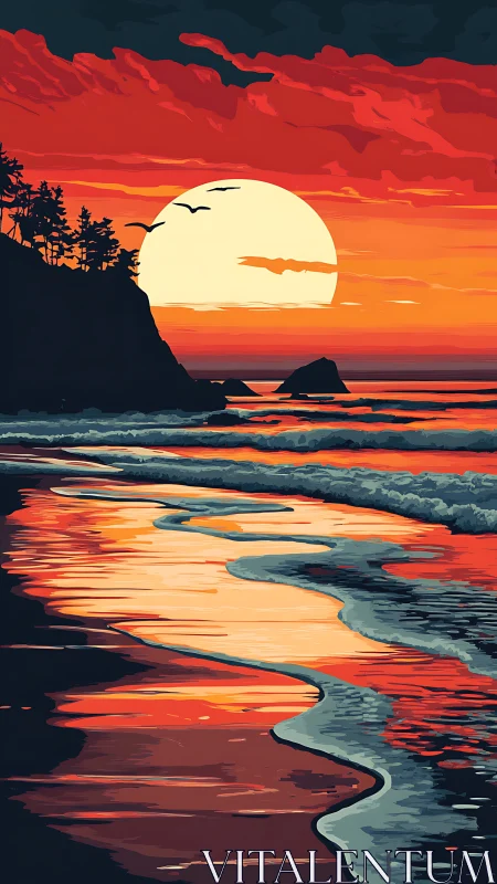 Crimson coastal sunset with silhouetted cliffs and surf reflections.