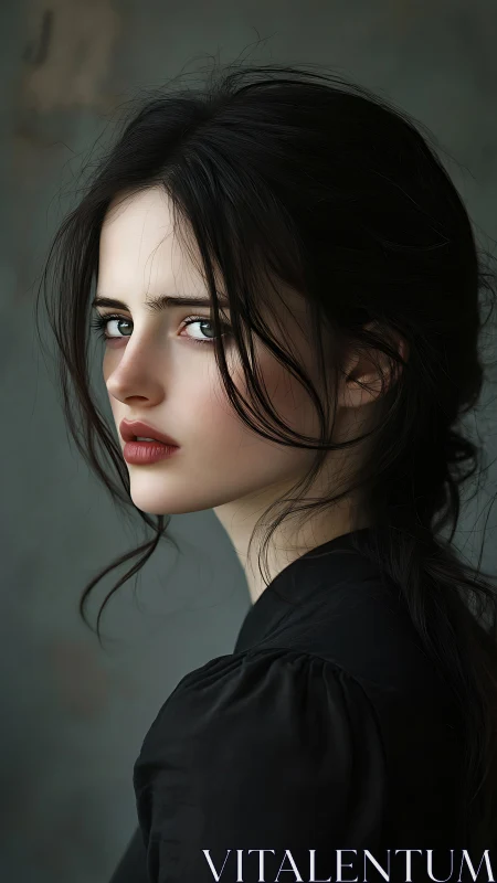 Portrait presents side-facing woman in soft studio light