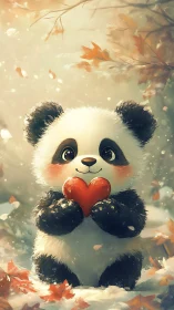 Cute baby panda holding red heart in autumn scene.