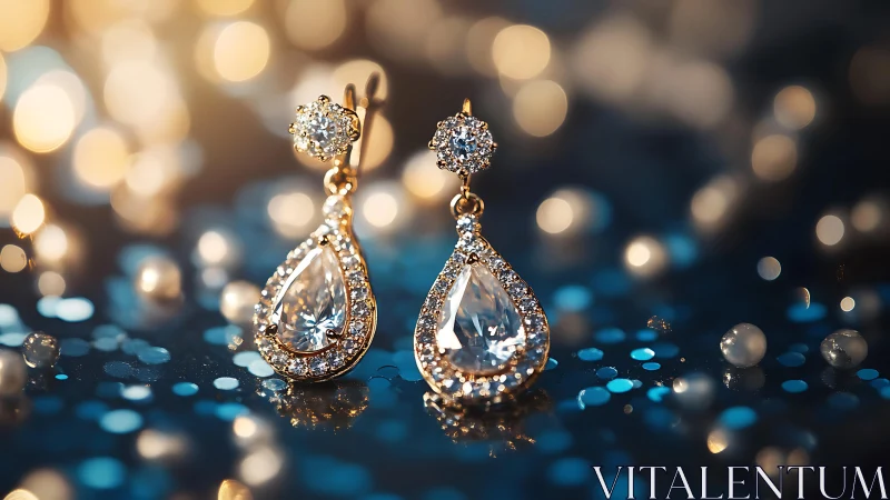 Diamond teardrop earrings with bokeh-lit blue glitter backdrop.