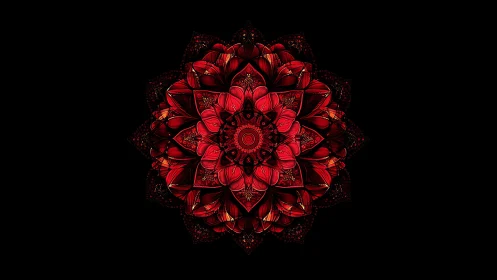 Radiant red fractal mandala glows against deep black void