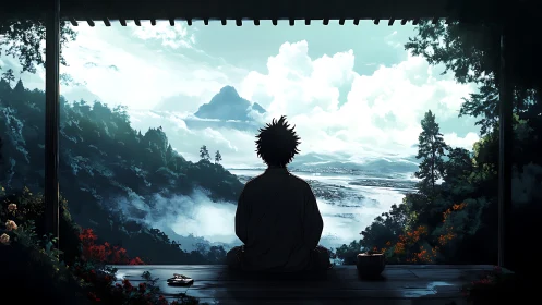 Lone meditator greeting misty valleys and wide painted sky.