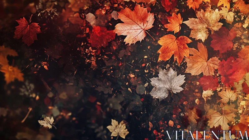 Autumn maple leaves drift in a warm, moody forest glow