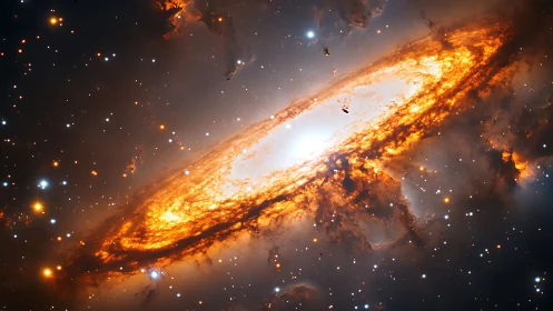 Spiraling fiery galaxy core in dense starfield vista.