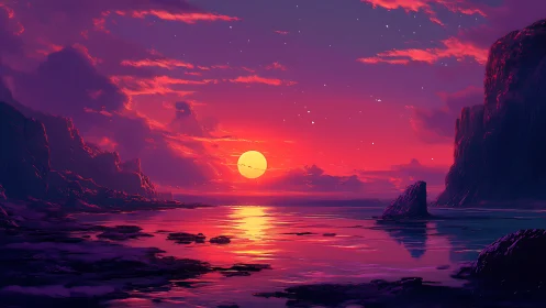 Crimson ocean sunset ignites cliffs and mirrored water.