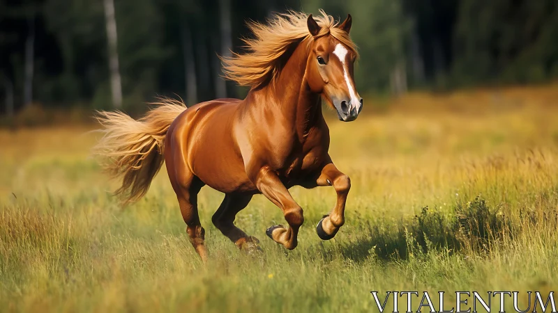 Chestnut horse galloping through sunlit summer meadow.