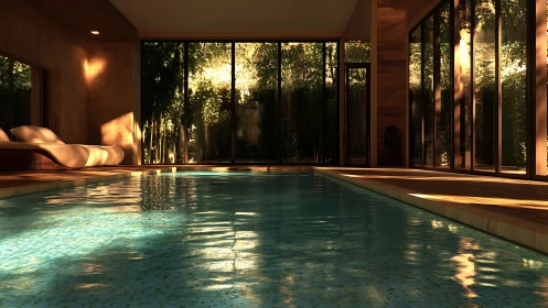 Indoor pool with lounge seating and full-height glass walls.