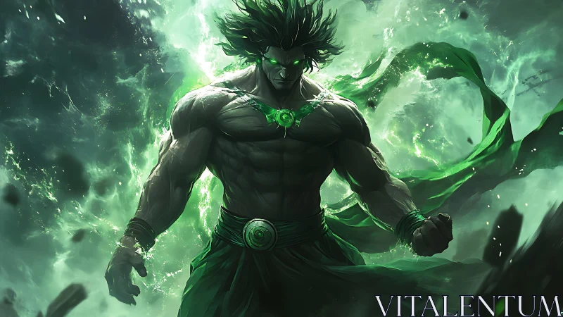 Muscular green energy warrior in swirling abstract storm.