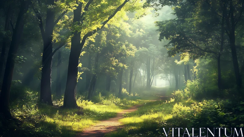 Sunlit Forest Path in Lush Greenery, Dreamy Morning Landscape.
